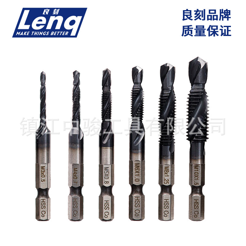 M35 cobalt-plated HSS6542 composite tap, multi-functional hexagonal handle machine tapping and chamfering integrated spiral tap Specification drawing