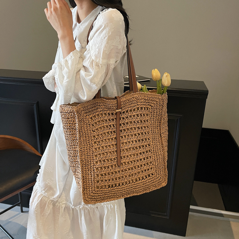 Woven straw bag for women 2025 New style, fashionable and simple, large-capacity single-shoulder bag, casual commuting tote bag for women Specification drawing