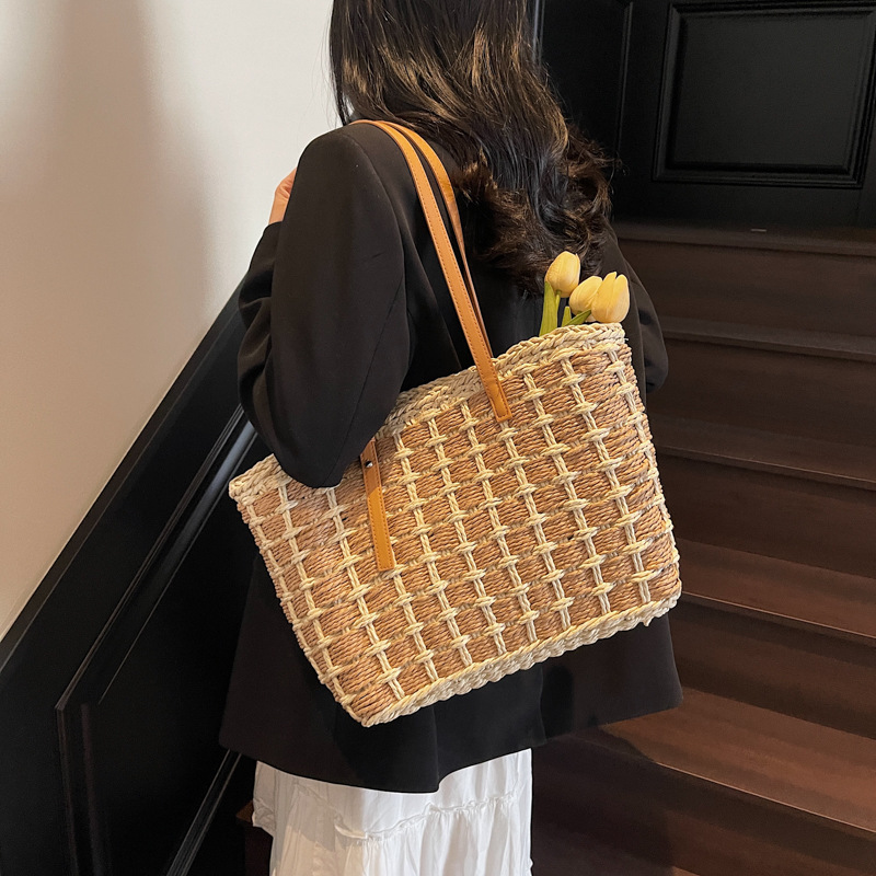 Large-capacity straw woven bag for women, 2025 new style, trendy Korean style, simple and fashionable hand-held shoulder bag, woven bag, tote bag Specification drawing
