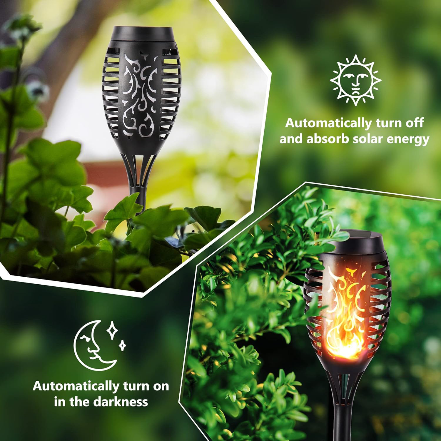 Cross-border solar flame lights, outdoor courtyard garden landscape lights, LED ground plug lawn decoration, sensor torch lights Specification drawing