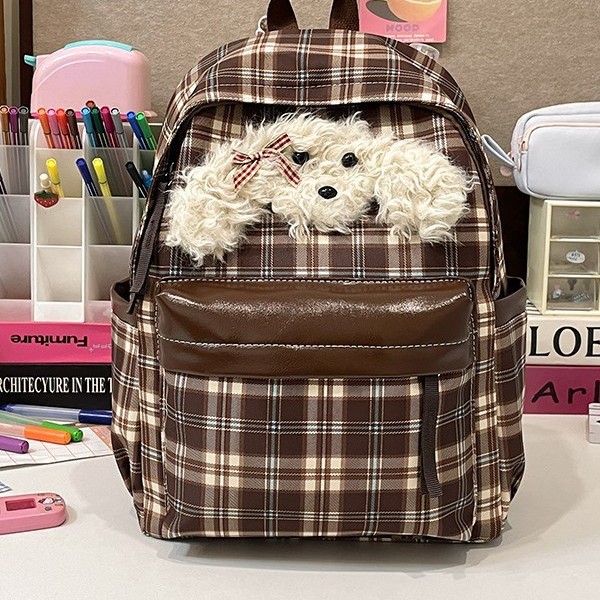The new cute puppy backpack features a large capacity with a fashionable checkered pattern, a school-style and adorable backpack for young girls, and a student schoolbag Specification drawing