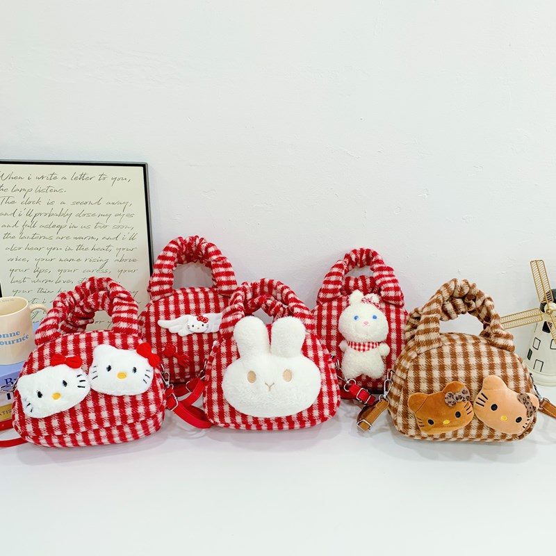 Cross-border winter children's bag, girl's woolen checkered red cute rabbit baby single-shoulder crossbody bag, loose change bag full figure