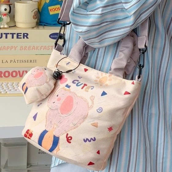 Canvas bag 2025 New cartoon-printed commuter small cloth bag, hand-held cloth bag, large-capacity casual bucket bag Specification drawing