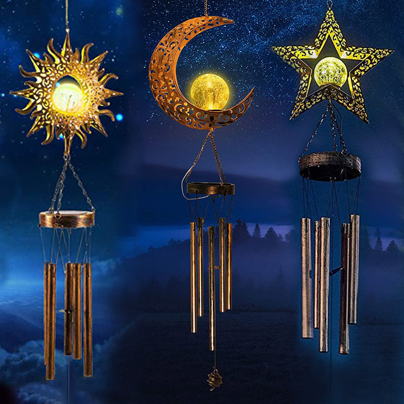 New solar garden lamp, ironwork hollowed-out sun and moon wind chime pendant, LED outdoor garden landscape decoration full figure
