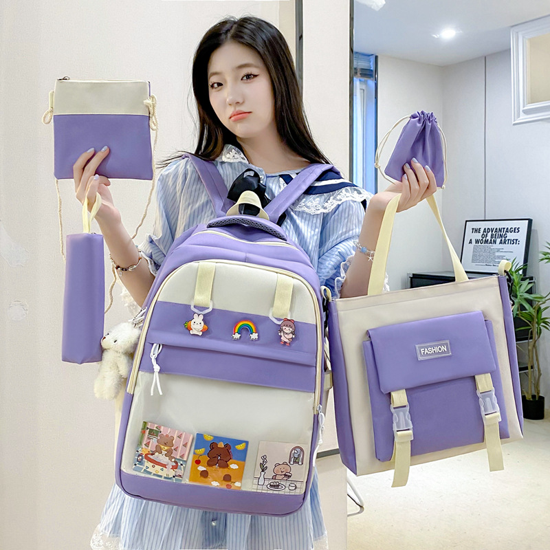 A new large-capacity four-piece schoolbag for girls, a lightweight back-protecting backpack with contrasting colors, and a storage backpack for middle school students Application Scenario