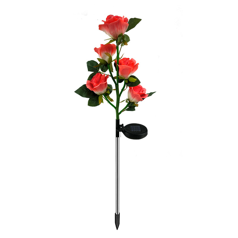 New cross-border 5-head solar-powered rose LED light outdoor lawn ground insertion garden simulation flower decorative landscape light Item Picture