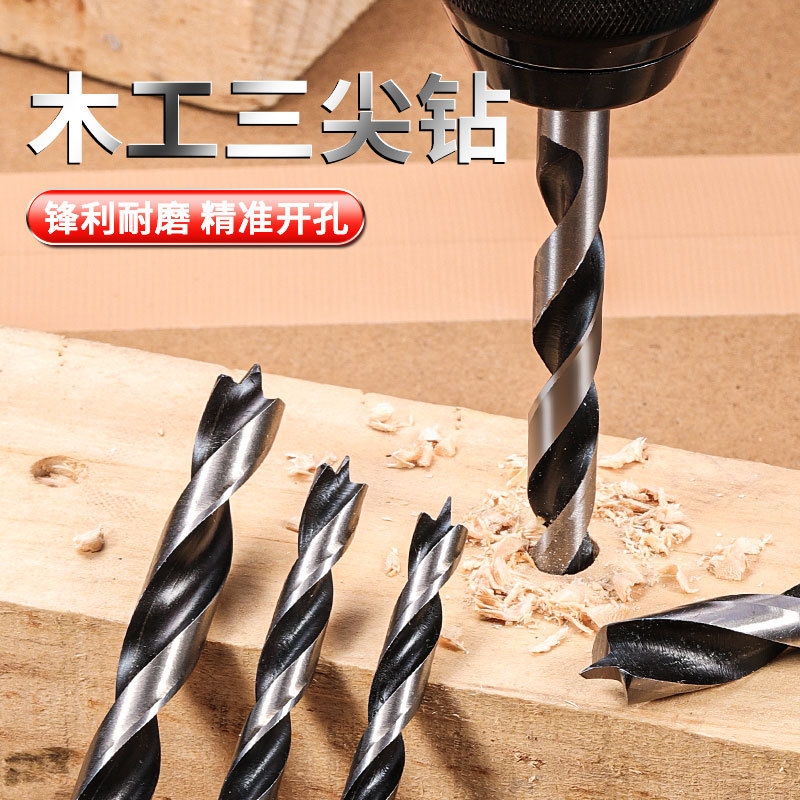 The new cross-border drilling and opening three-pointed woodworking drill bit is used on the electric wrench with an enlarged and lengthened 3-12 woodworking drill bit details Picture