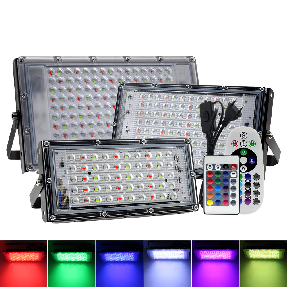 Cross-border new outdoor landscape lighting 100W seven-color RGB floodlight strip remote-controlled color-changing led floodlight details Picture