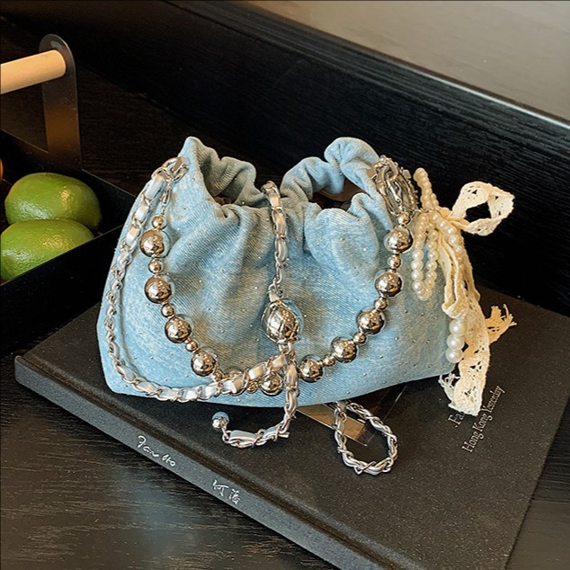 New Chinese-style beaded handbag 2025, trendy and fashionable bucket bag, versatile chain crossbody bag, solid color single-shoulder bag full figure