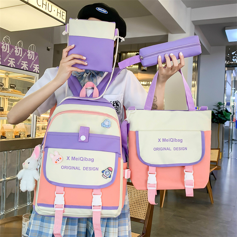 New backpack for girls, a large-capacity, lightweight and casual backpack for primary and junior high school students. Four-piece set of buns and mother bags, trendy details Picture