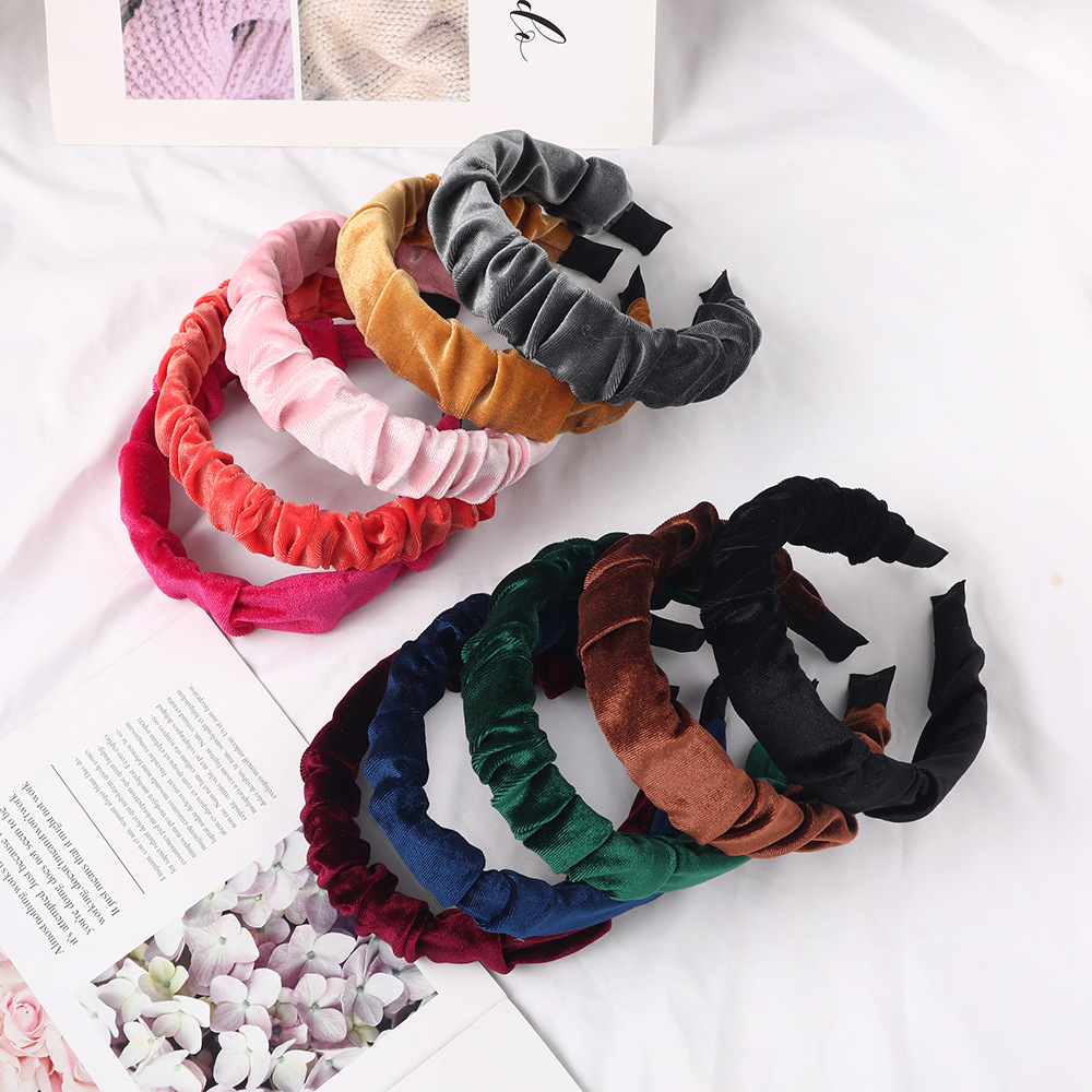 Qiyue European and American Creative New solid-color velvet pleated wavy fabric hair bands, cross-border headband hair accessories wholesale details Picture