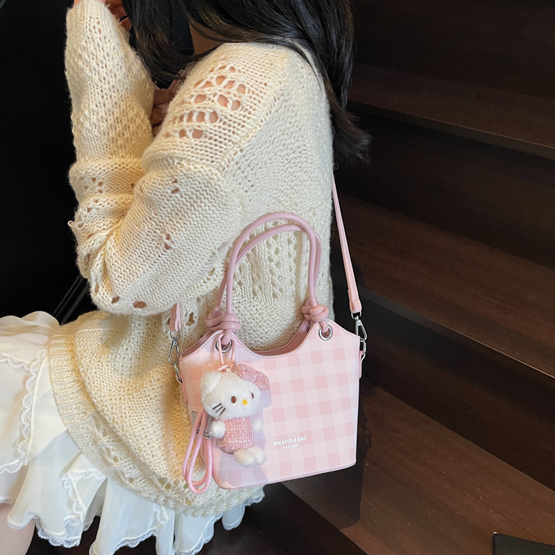 Simple checkered handbag for women, 2025 new style fashionable bucket bag, high-end quality single-shoulder bag, trendy crossbody bag Specification drawing
