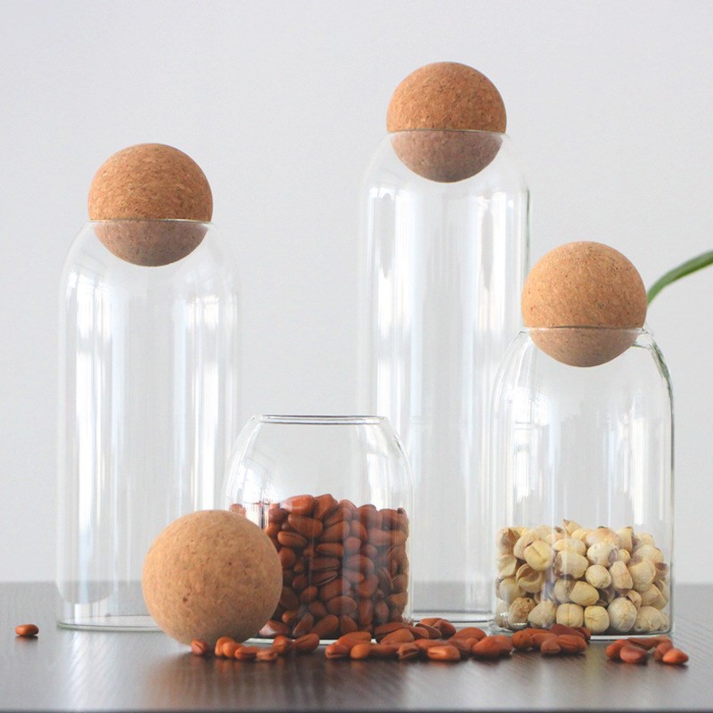 High borosilicate transparent glass sealed jar, storage jar for grains and cereals, creative spherical cork tea jar details Picture