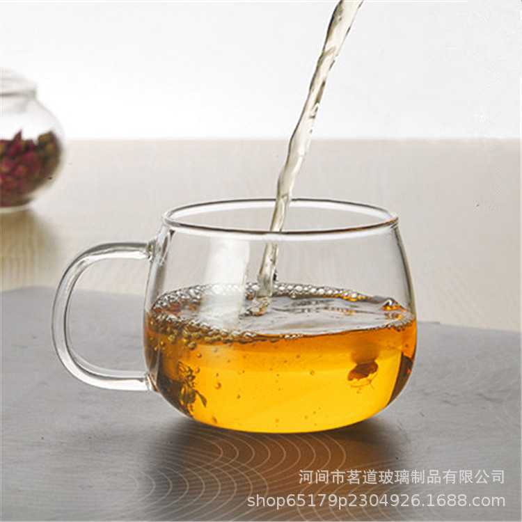 Household high borosilicate glass green tea cups, office water cups with transparent handles, single-layer glass coffee cups, flower tea cups Specification drawing