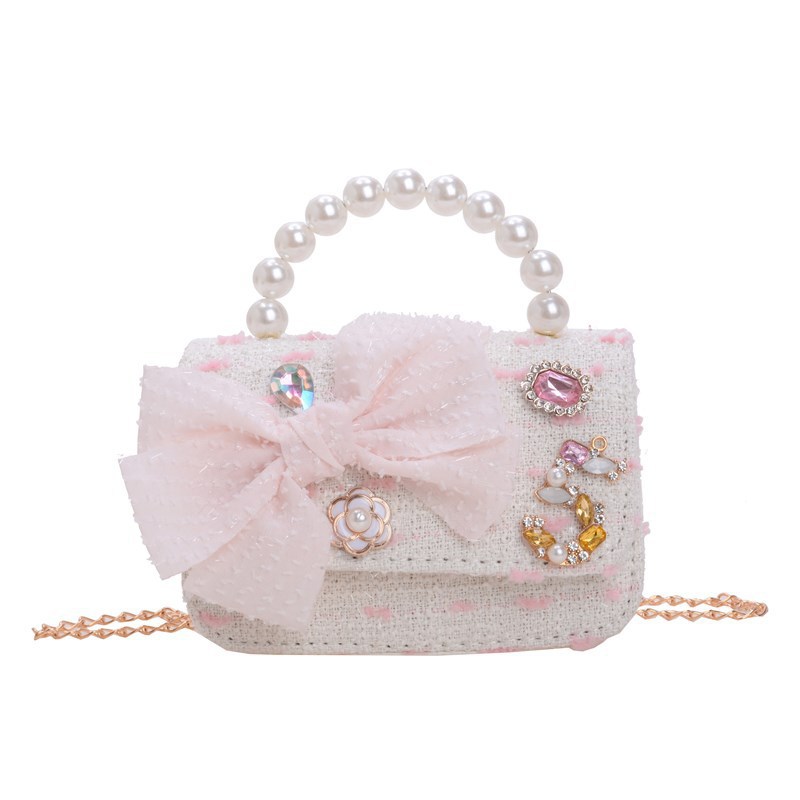 Crossbody bag, children's coin purse, small chanel-style pearl beaded fashionable handbag, bow, cute girls' children's bag Item Picture