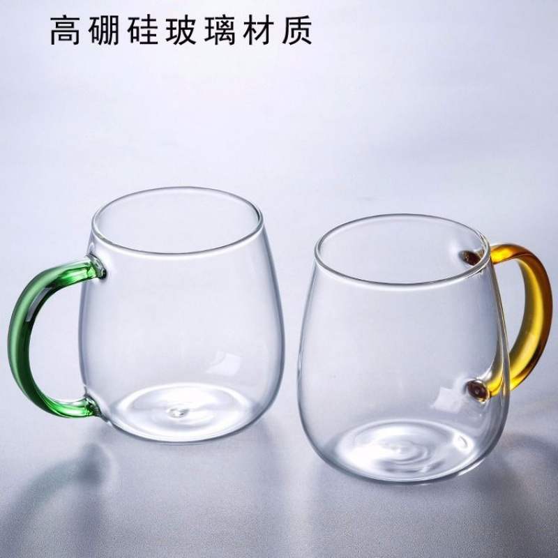 Colored handle glass large-bellied cup, transparent high borosilicate glass milk tea beverage drinking cup, household single-layer cup Application Scenario