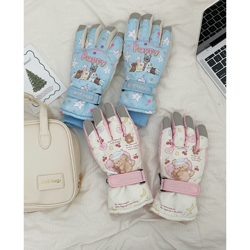 Touch screen ski gloves for women, cute bear gloves, winter outdoor sports cycling, anti-slip, thickened and warm details Picture