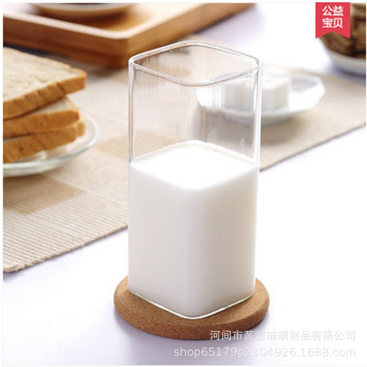 Household square straight tube glass flower tea cups, milk cups, high borosilicate glass single-layer cups, tea brewing cups, breakfast cups details Picture