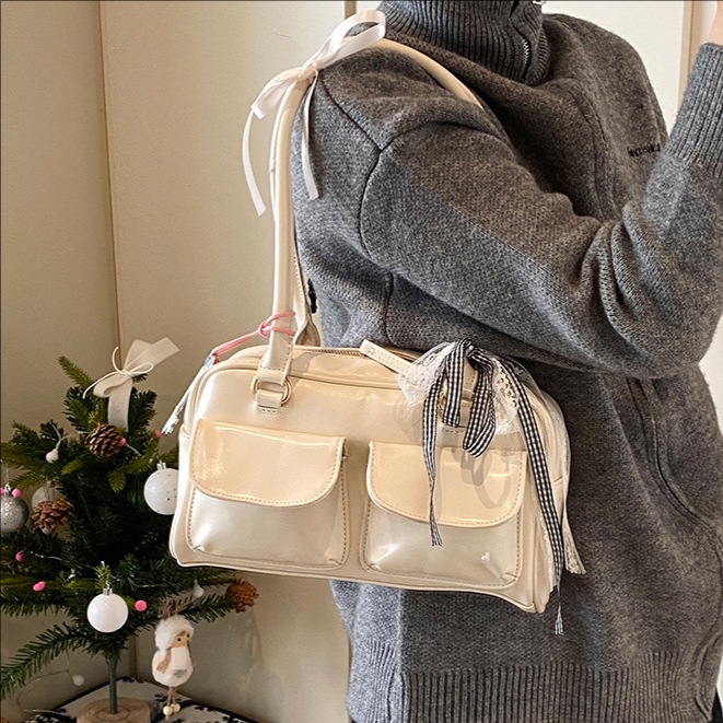High-end Boston bag, Korean commuter handbag, 2025 new model, large capacity single-shoulder bag, double pockets, underarm bag full figure