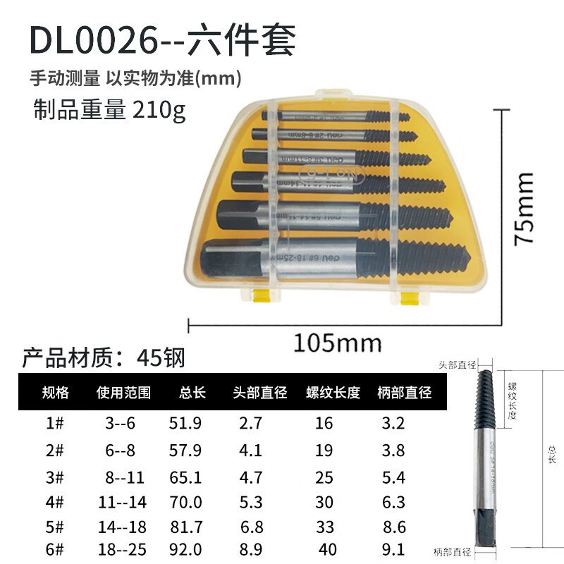 deli broken thread remover, screw remover, smooth thread inside, thread reverse thread, water pipe repair and disassembly full figure
