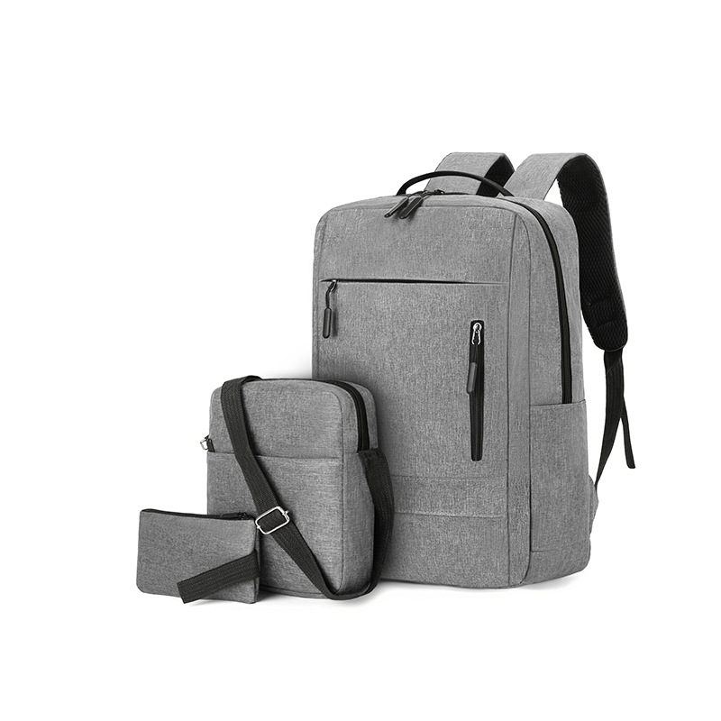 Three-piece laptop backpack, casual business men's backpack, simple solid color, large capacity student schoolbag Item Picture