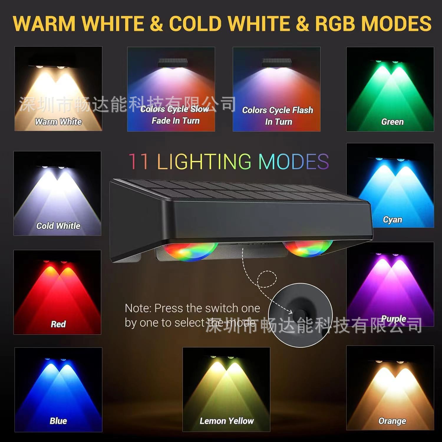 Solar-powered outdoor decorative garden lights, wall-washing lights, fence lights, spotlights, outdoor rainproof multi-mode switching details Picture