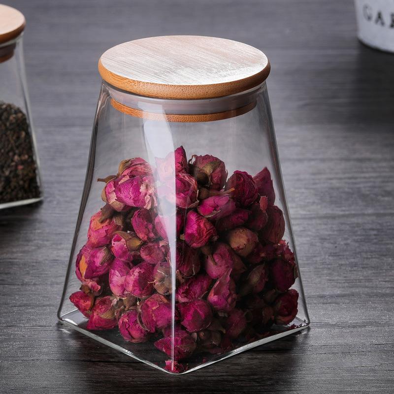 Bamboo lid large-capacity sealed tea jar for grains and cereals, household high borosilicate glass jar, square storage jar details Picture