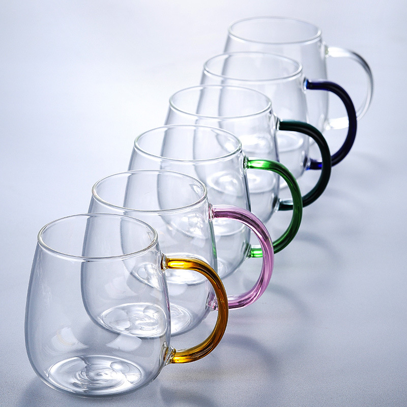 Colored handle glass large-bellied cup, transparent high borosilicate glass milk tea beverage drinking cup, household single-layer cup Specification drawing