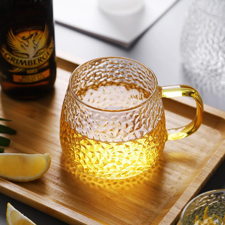 High borosilicate glass cups, hammered household water cups, men's and women's flower tea cups, transparent milk cups with handles, beverage cups, coffee cups Specification drawing
