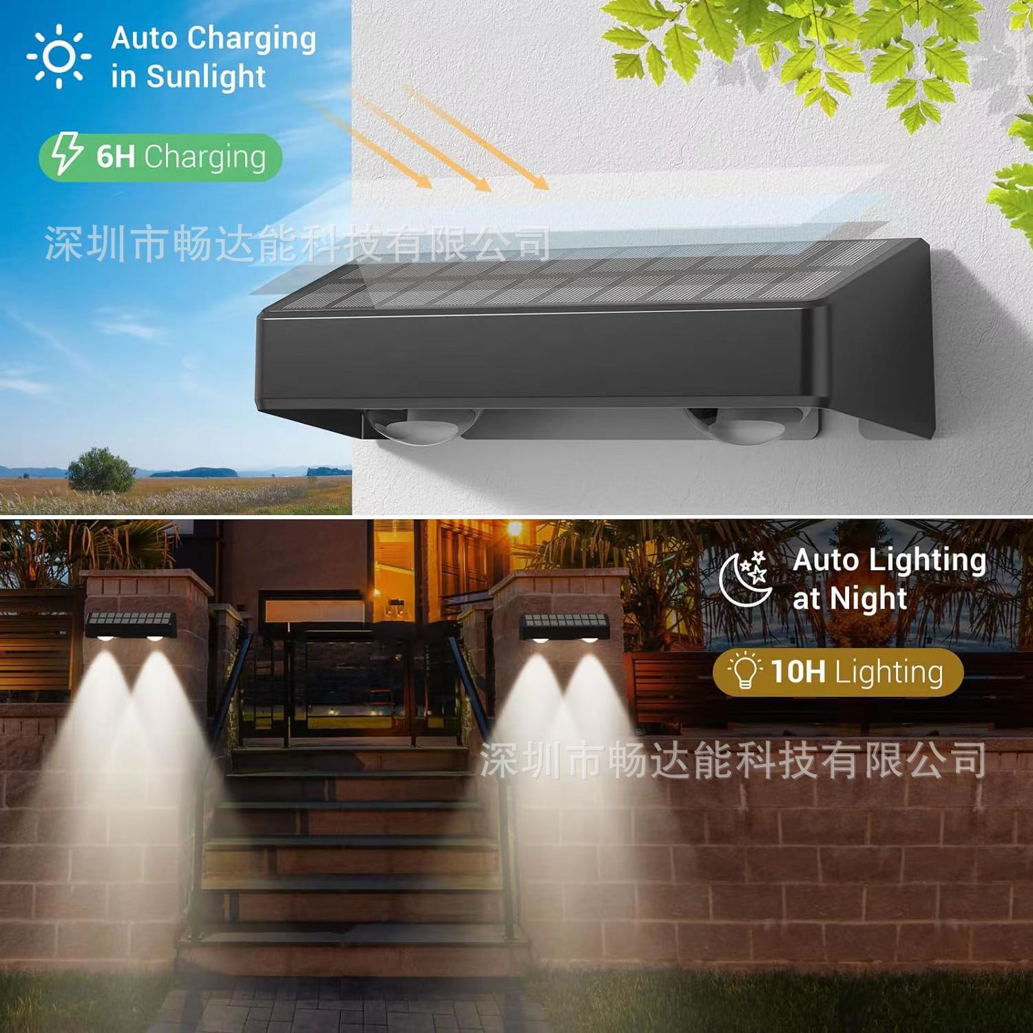 Solar-powered outdoor decorative garden lights, wall-washing lights, fence lights, spotlights, outdoor rainproof multi-mode switching Specification drawing