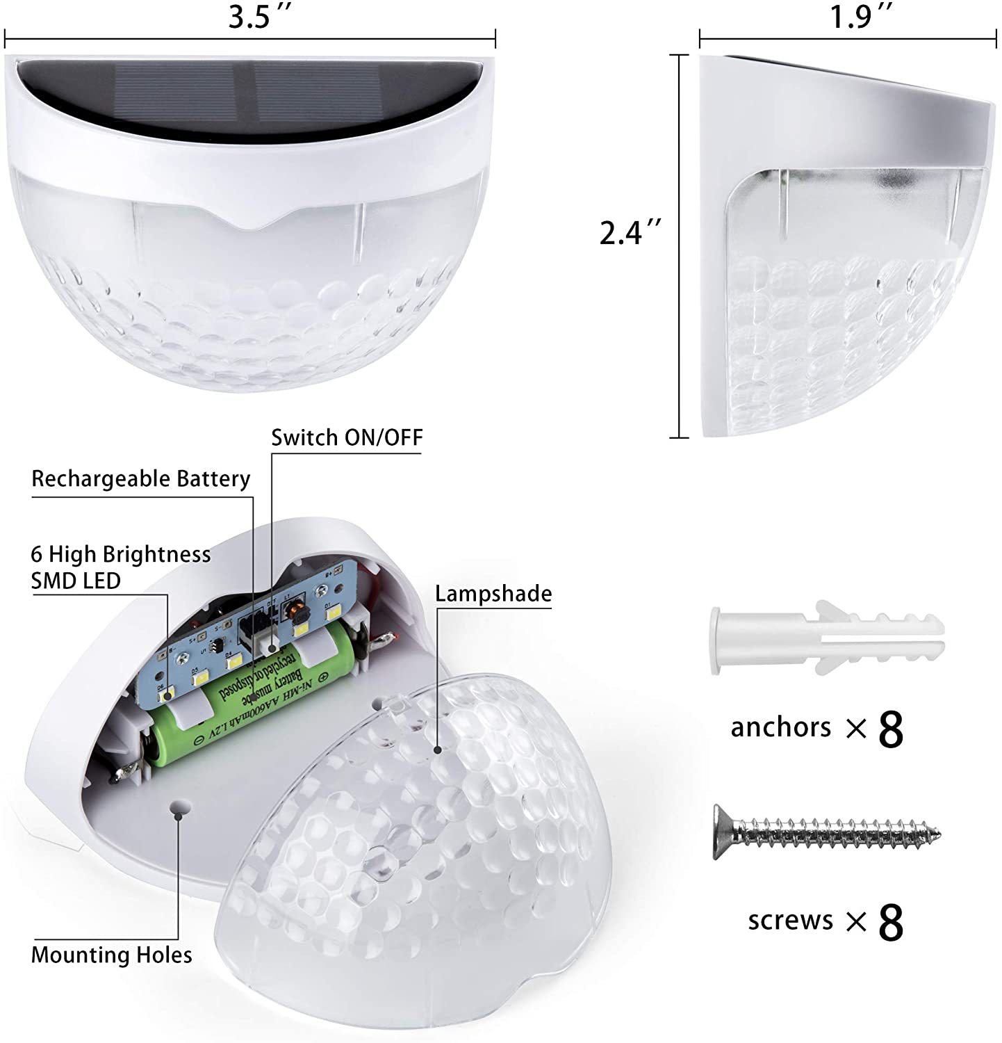 Solar 6-LED semi-circular fence light, outdoor light and shadow night light, black and white wall lamp, surface mount water drop staircase light Item Picture