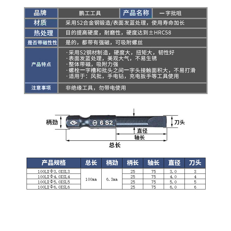 S2 Single-head flat-head pneumatic screwdriver, strong magnetic screwdriver, extended pneumatic screwdriver tip 50-100mm, hand drill tip undefined