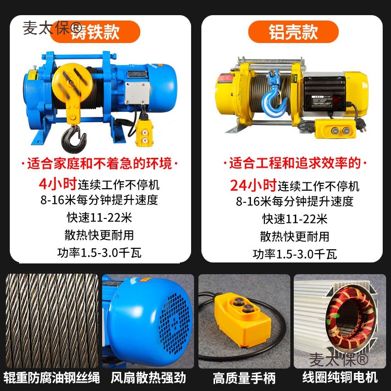 Multi-functional hoist, 220v household winch, 1-ton, 2T electric hoist, 380v building decoration, Xiaomai Taibao Specification drawing