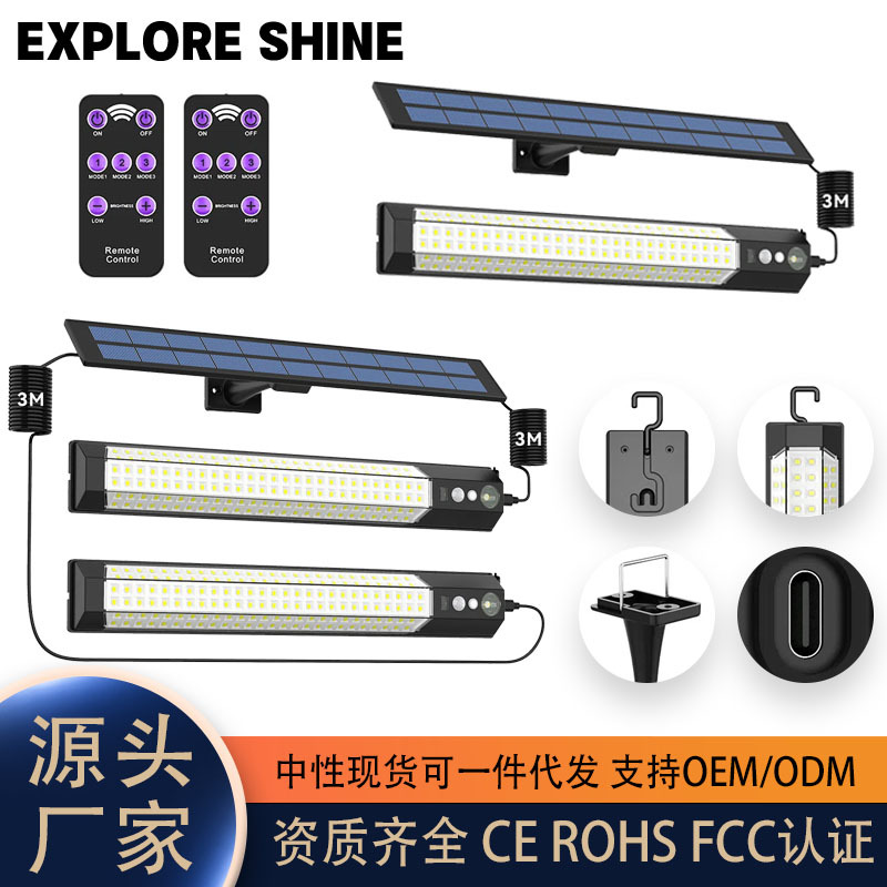 Cross-border new solar wall lamps, courtyard landscape high-brightness wall lamps, outdoor camping lighting chandeliers, remote-controlled street lamps full figure