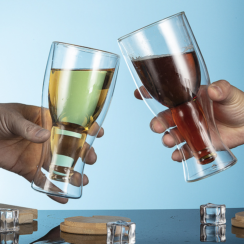 Transparent draft beer cups, high borosilicate glass cups, creative cold drink cups, cross-border double-layer beer cups, and logo advertising cups can be added Specification drawing