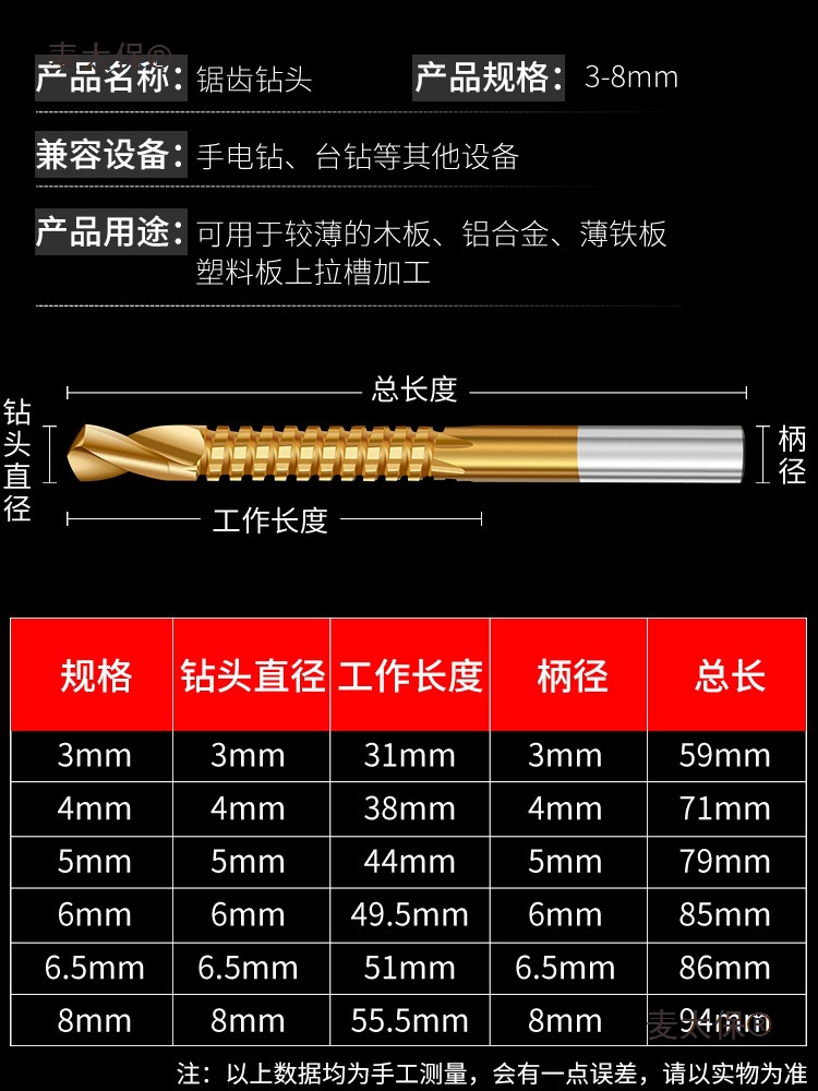 A comprehensive collection of multi-functional high-speed hacksaw, drill, twist drill, woodworking metal rotary heads, drilling, slotting, and Maitabao Specification drawing