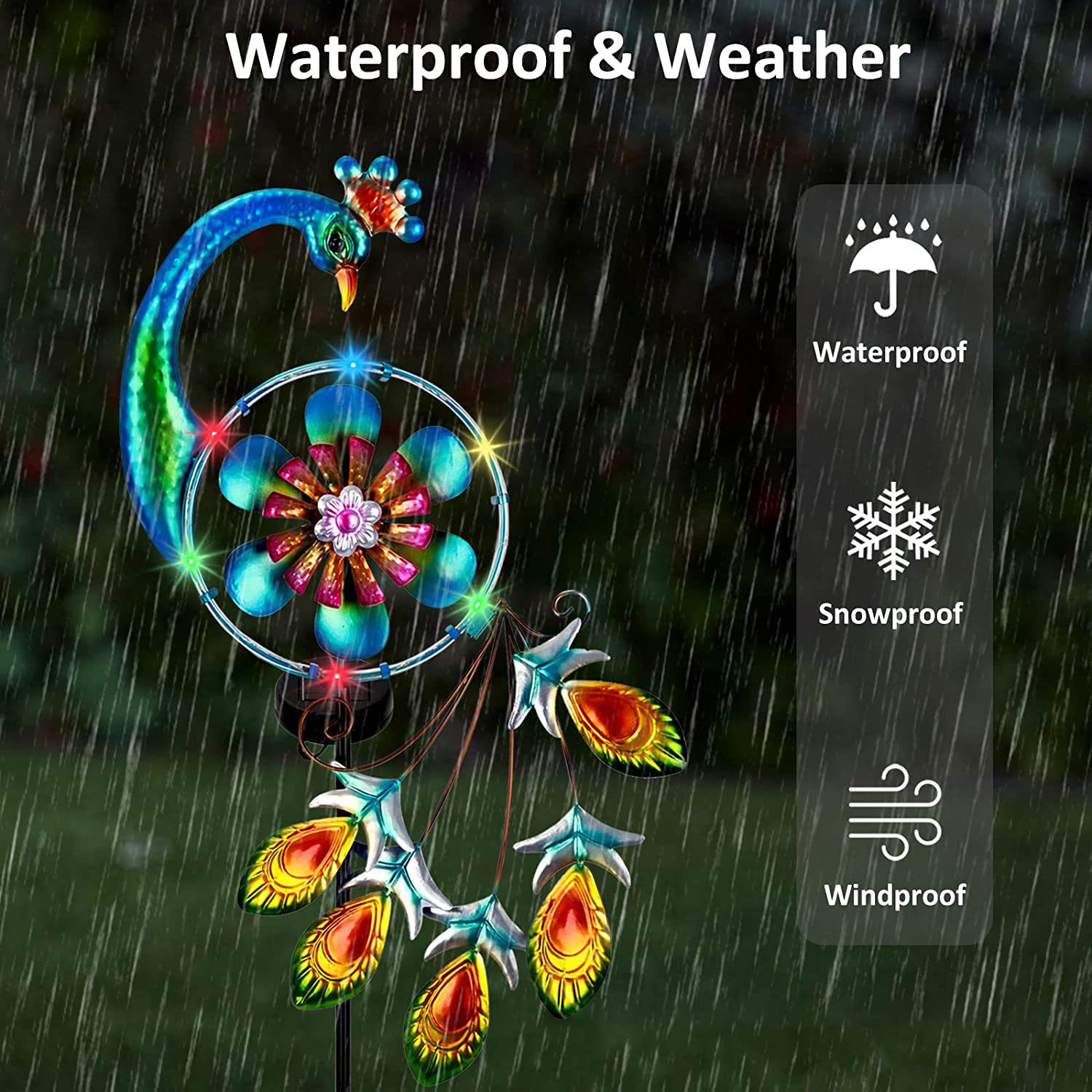 Cross-border solar ironwork peacock lamp, windmill rotation, courtyard garden decoration, lawn lamp, outdoor waterproof ground insert lamp details Picture