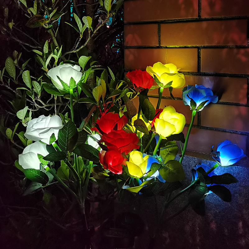 New cross-border 5-head solar-powered rose LED light outdoor lawn ground insertion garden simulation flower decorative landscape light Specification drawing