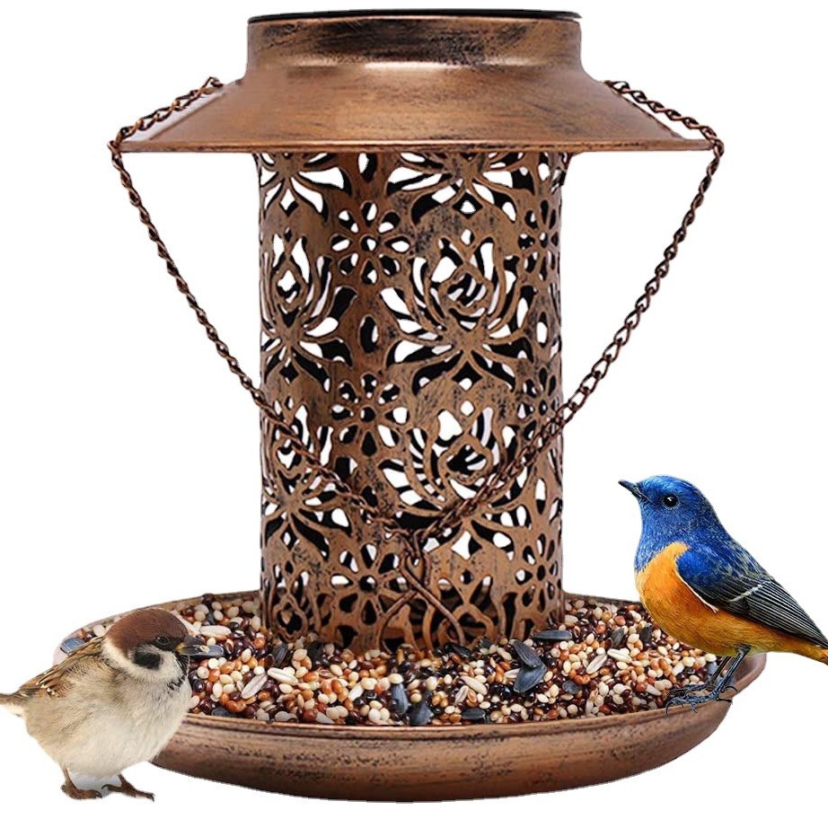 Outdoor solar lamp, metal hanging bird feeder, dual-purpose bird feeder for feeding and watering, courtyard lawn decorative lamp Item Picture