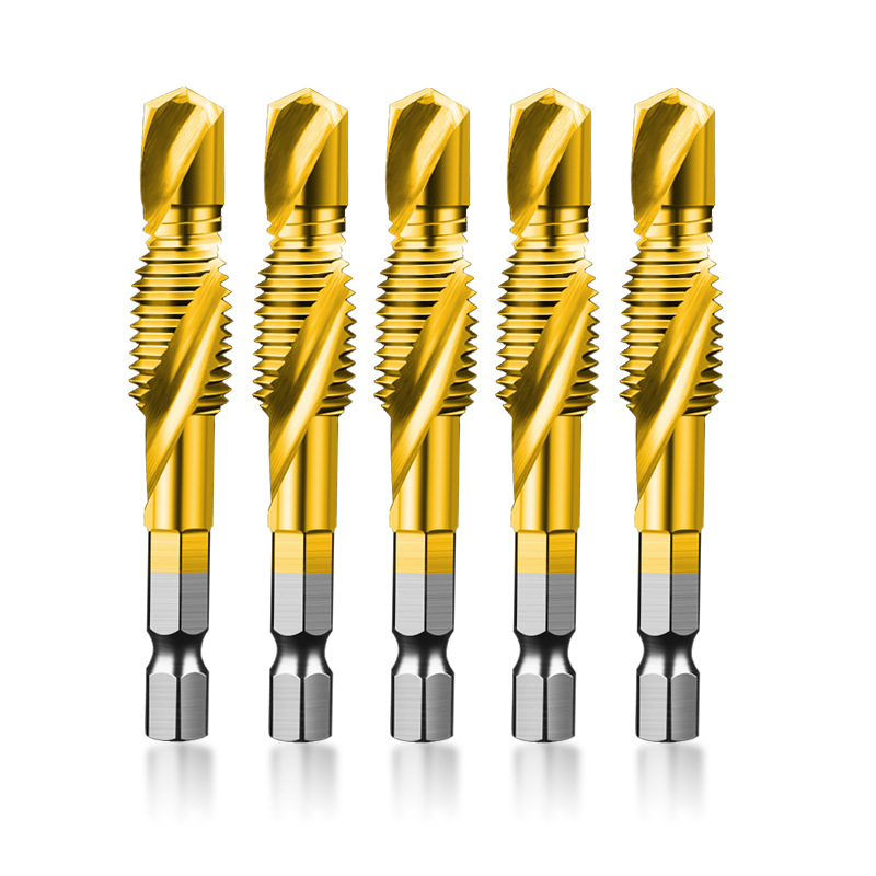 High-speed steel integrated composite tap drill bit hexagonal handle three-in-one multi-functional titanium-coated spiral tap 6pc set Item Picture