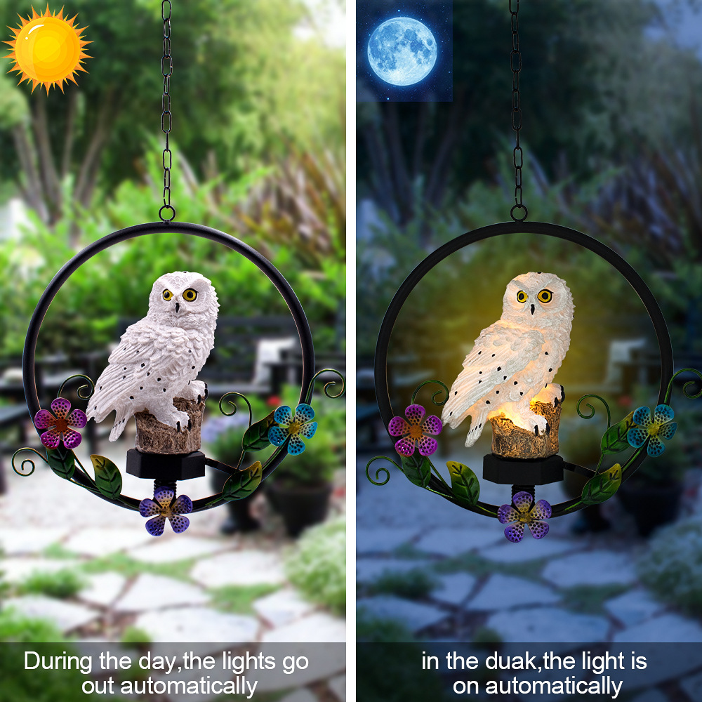Modern courtyard decoration resin parrot wind chime lamp pendant, solar LED sensor light, garden landscape lawn light details Picture