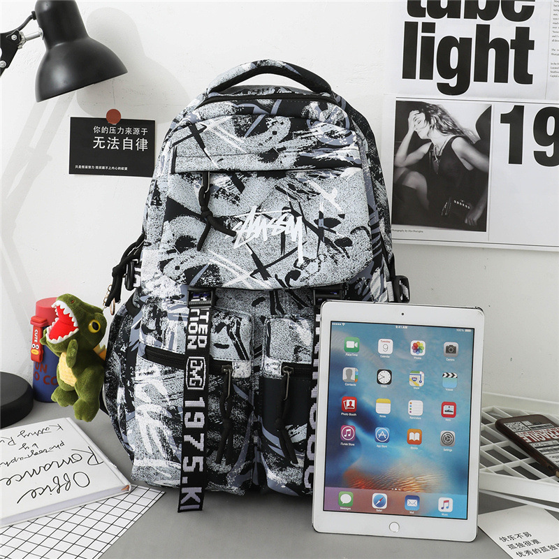 Backpack, large capacity, graffiti trend, student travel computer, female couple camouflage schoolbag, male junior high school student backpack Specification drawing