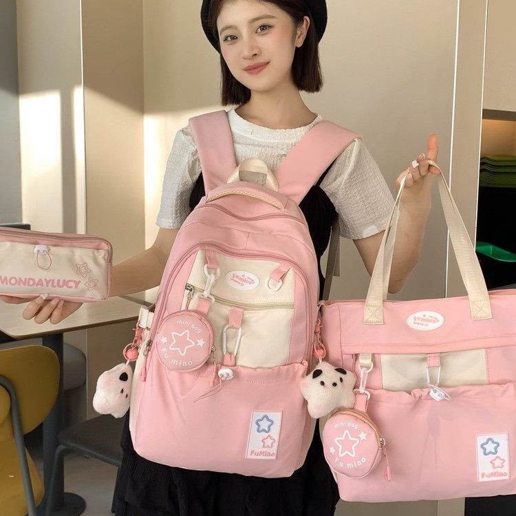 Japanese-style cute girl color-blocking backpack, Korean version dopamine star backpack three-piece set for junior and senior high school schoolbags full figure