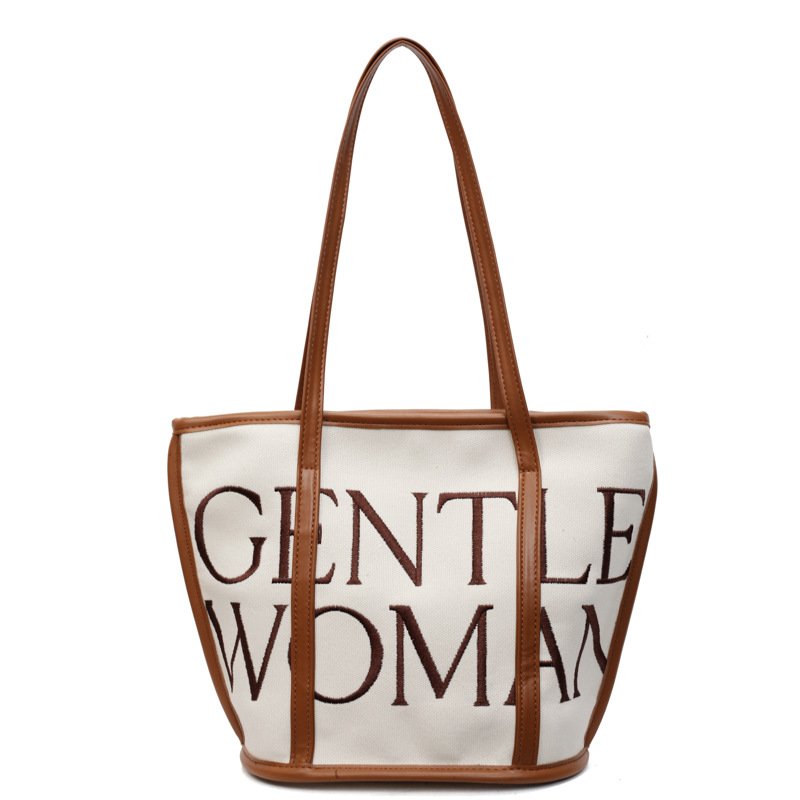 Large-capacity linen single-shoulder bag, tote bag, fashionable embroidered thread letter eye-catching, versatile bucket bag, women's shopping bag for going out Item Picture
