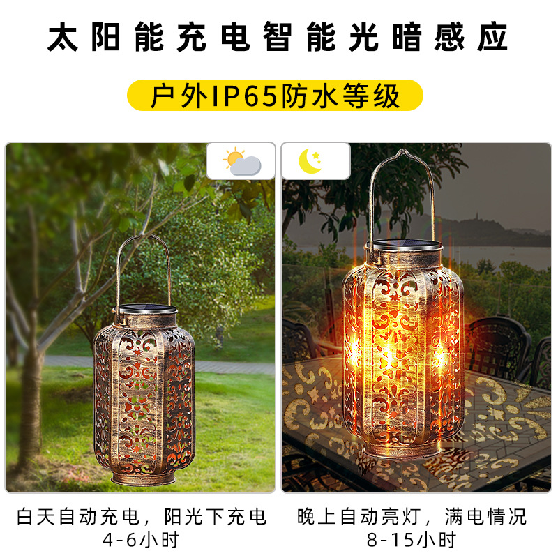 Solar-powered hexagonal projection lanterns, ironwork lamps, outdoor hanging lamps, decorative lamps, garden hanging lamps, courtyard lamps, hand-held lamps details Picture