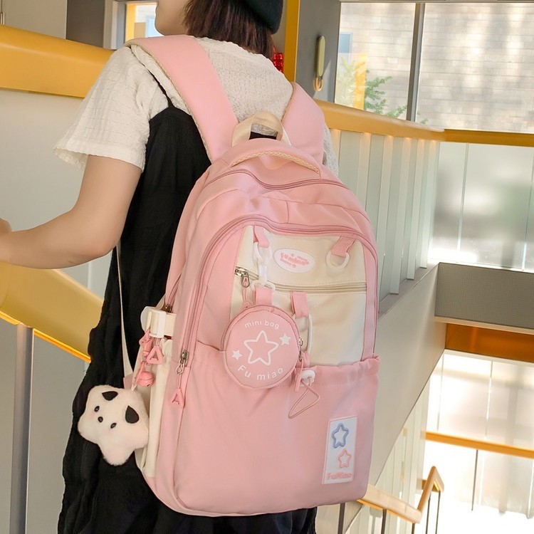 Japanese-style cute girl color-blocking backpack, Korean version dopamine star backpack three-piece set for junior and senior high school schoolbags details Picture