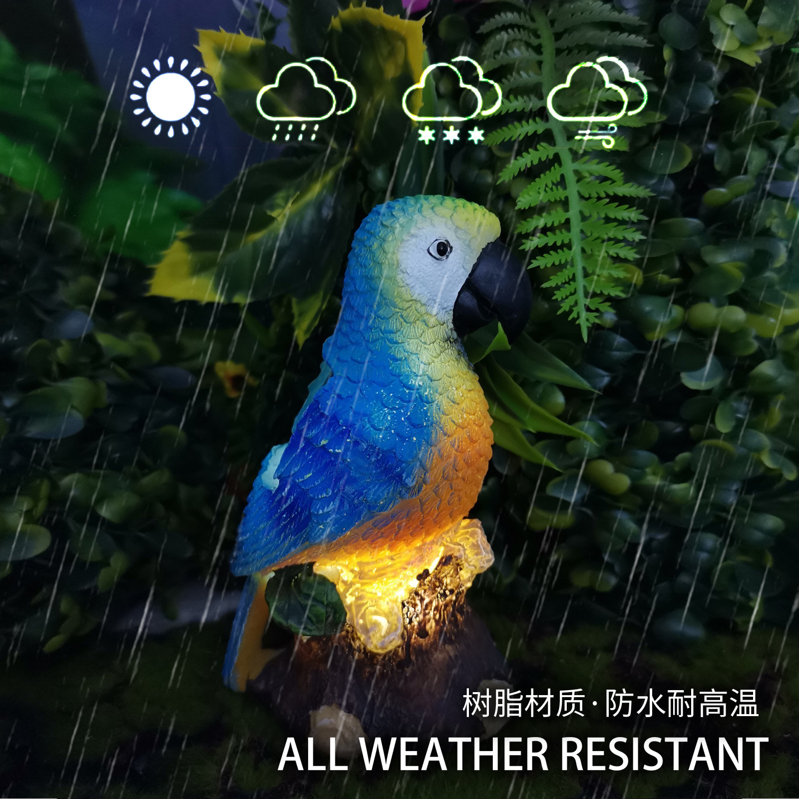 New outdoor solar parrot lamp, bird resin handicraft, lawn balcony night light, gift, garden decoration Specification drawing
