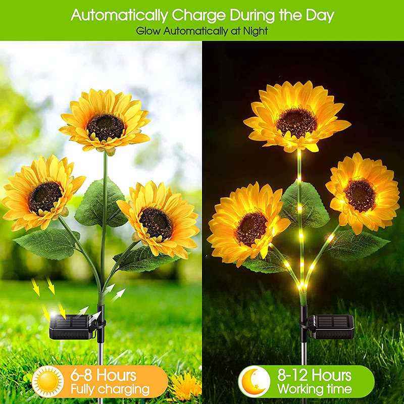 Cross-border Amazon led solar sunflower three-head lawn courtyard decorative landscape outdoor light source manufacturer details Picture