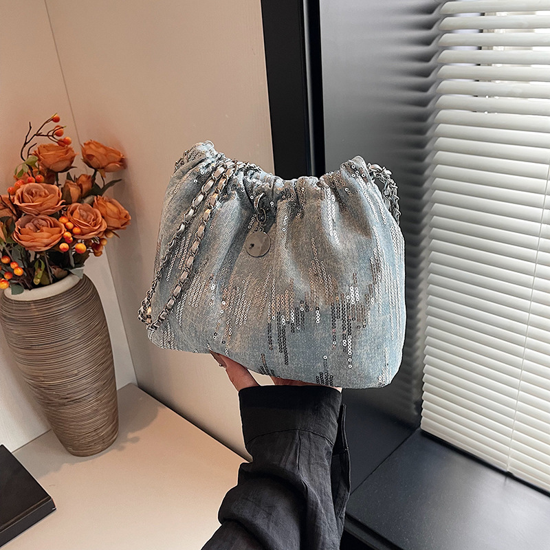 High-end and niche design bag for women, 2024 new chain single-shoulder crossbody bag, fabric bag, sequined versatile bucket bag details Picture
