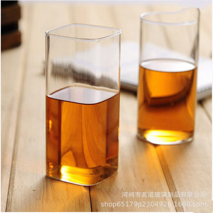 Household square straight tube glass flower tea cups, milk cups, high borosilicate glass single-layer cups, tea brewing cups, breakfast cups Specification drawing